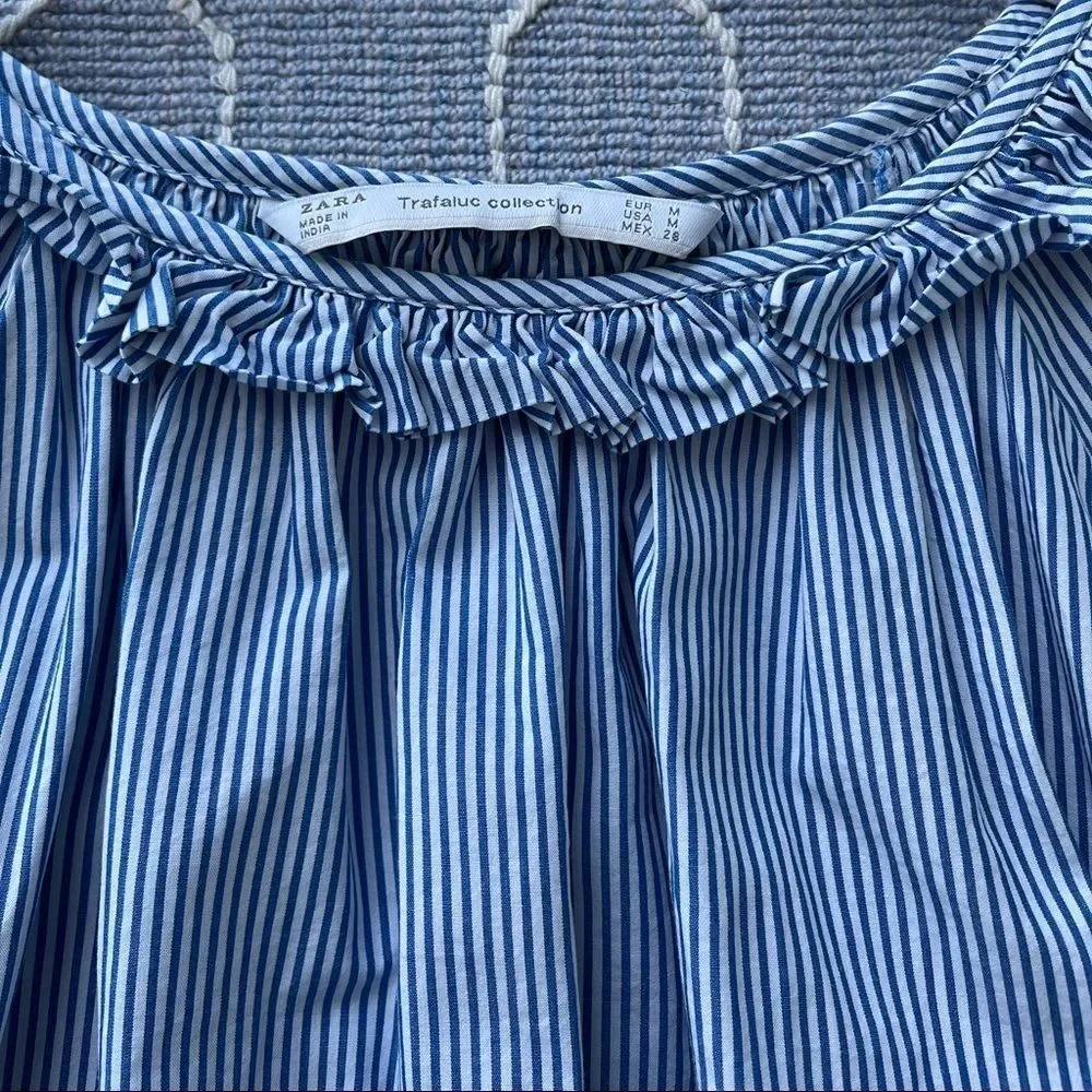 Zara Trafaluc Blue Striped Eyelet Embroidered Tie Sleeve Top Blouse Size M Boho - Picture 4 of 5